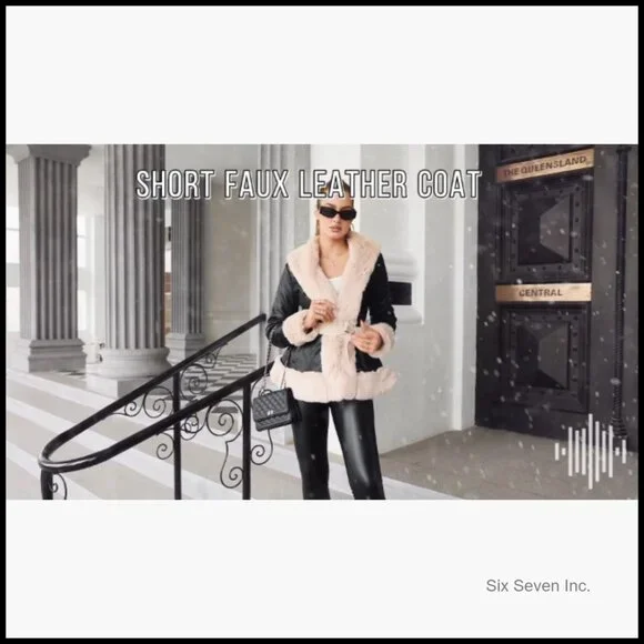 Faux Leather Jacket with Fur Collar Slim Fit Parka Coat - Picture 5 of 7